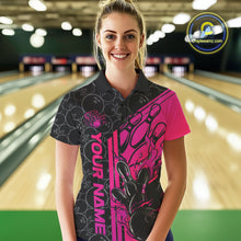 Load image into Gallery viewer, Custom Black And Pink Purple Flame Bowling Polo Shirts For Women, Bowling Pattern Shirt IPHW9272