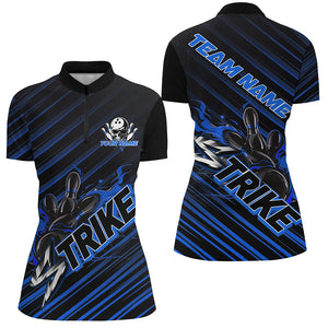 Custom Black And Blue Flame Strike Bowling Shirts For Women, Bowling League Bowling Uniform IPHW7339