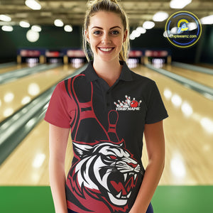 Custom Black And Red Tiger Bowling Jerseys, Tiger Bowling Team Women Polo Shirts IPHW9014