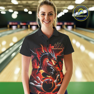 Custom Red Thunder Lightning Dragon Women Polo Shirts, Dragon Team Bowling League Shirt IPHW9024