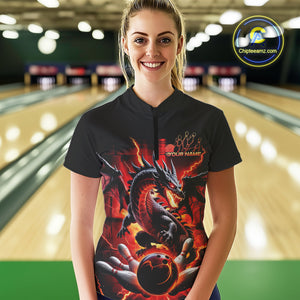 Custom Red Thunder Lightning Dragon Women Quarter-Zip Shirts, Dragon Bowling League Shirt IPHW9024