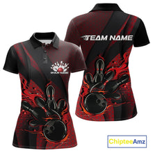 Load image into Gallery viewer, Custom Black And Red Flame Bowling Polo Shirt For Women, Bowling Team Tournament Jersey IPHW11180