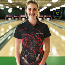 Load image into Gallery viewer, Front view of a female model in a bowling alley wearing a red custom bowling polo shirt featuring an aggressive dragon with flames in a dynamic and energetic design.