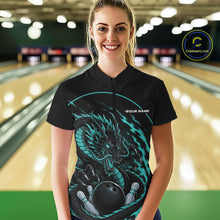 Load image into Gallery viewer, Front view of a happy female model in a bowling alley wearing a blue custom quarter-zip bowling shirt featuring an aggressive dragon with flames in a dynamic and energetic design.