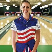 Load image into Gallery viewer, Camo American flag bowling jersey custom Women bowling polo, 1/4 zip shirts, bowling league shirts NQS11401