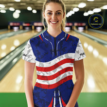 Load image into Gallery viewer, Camo American flag bowling jersey custom Women bowling polo, 1/4 zip shirts, bowling league shirts NQS11401