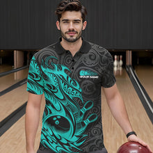 Load image into Gallery viewer, Custom Black And Blue Tribal Polynesian Bowling Team Men Polo Shirts, Niho Mano Bowling Shirt IPHW8813