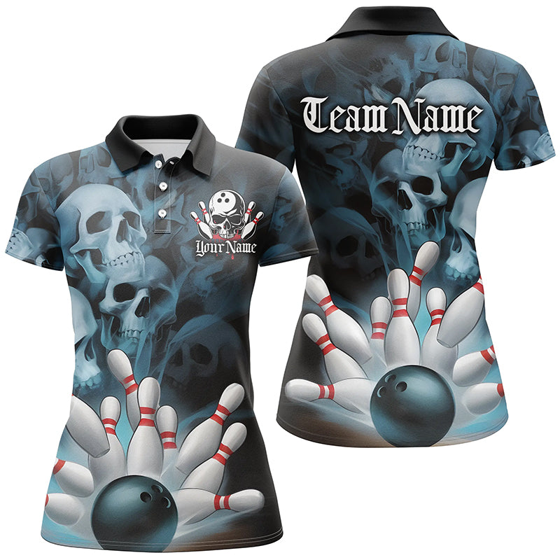 Black And Blue Custom Skull Ladies Bowling Shirts, Gothic Bowling Team Halloween Outfits IPHW7671