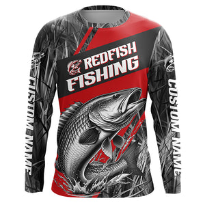 Black And Red Camo Redfish Long Sleeve Tournament Fishing Shirts, Custom Redfish Fishing Jerseys IPHW6316