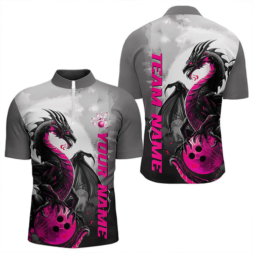 Black And Pink Custom Dragon Bowling Quarter-Zip Shirts For Men, Dragon Bowling Team Shirts IPHW8818