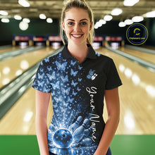 Load image into Gallery viewer, Custom Blue Butterfly Women Bowling Polo Shirt, Bowling League Shirt IPHW10906