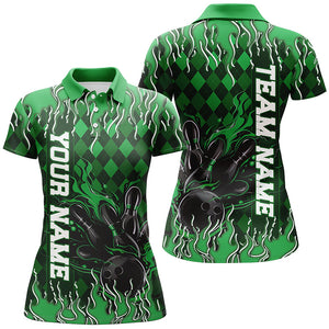 Green Argyle Pattern Custom Flame Strike Bowling Shirts For Women, Bowling Team Outfit IPHW7899