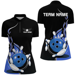 Custom Blue Flame Bowling Shirts For Women, Team Bowling Uniform Outfit Bowling IPHW7384
