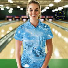 Load image into Gallery viewer, Custom Elegant Blue Roses And Butterfly Women Bowling Polo Shirts, Ladies Outfit IPHW10935