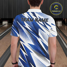 Load image into Gallery viewer, Person wearing a blue and white bowling shirt with 'TEAM NAME' text in a bowling alley.