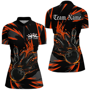 Black And Orange Custom Flame Ladies Bowling Shirts, Bowling Team Shirt Bowling Uniform IPHW7400