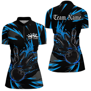 Black And Blue Custom Flame Ladies Bowling Shirts, Bowling Team Shirt Bowling Uniform IPHW7401