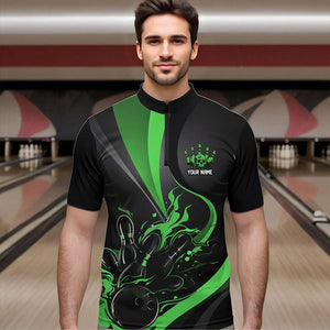 Custom Black And Green Flame Bowling Quarter-Zip Shirts For Men, Fire Bowling Team Shirt IPHW8540