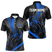 Load image into Gallery viewer, Custom Black And Blue Flame Bowling Polo Shirts For Men, Fire Bowling Team Shirt IPHW8542