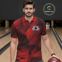 Load image into Gallery viewer, Man wearing a red and black bowling shirt with a logo in a bowling alley.
