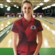 Load image into Gallery viewer, Woman wearing a red and black bowling shirt with a logo in a bowling alley.