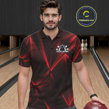 Load image into Gallery viewer, Man wearing a red and black bowling shirt with a logo in a bowling alley.