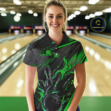 Load image into Gallery viewer, Black And Green Custom Flame Bowling Shirts For Women, Fire Bowling Team Shirt Bowler Jersey IPHW7934