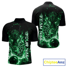Load image into Gallery viewer, Custom Green Flaming Leopard Men Bowling Shirts, Fire Bowling Team Shirt Bowler Uniform IPHW10715