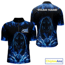 Load image into Gallery viewer, Custom Black And Blue Flame Leopard Bowling Men Quarter-Zip Shirt, Bowling League Team Shirt IPHW11253