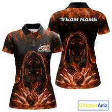 Load image into Gallery viewer, Custom Black And Orange Flame Leopard Bowling Women Polo Shirt, Bowling League Team Shirt IPHW11256