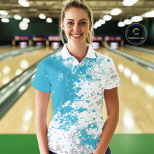 Load image into Gallery viewer, Custom Teal Blue Splatter Bowling Team Women Polo Shirt, Bowling League Shirt Bowler Jerseys IPHW11259