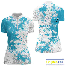 Load image into Gallery viewer, Custom Teal Blue Splatter Bowling Team Women Quarter-Zip Shirt, Bowling League Shirt IPHW11259