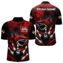 Load image into Gallery viewer, Red and black bowling shirt with shark design and customizable text on a white background