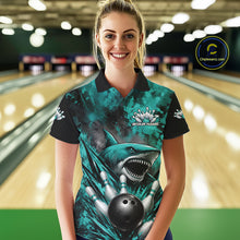 Load image into Gallery viewer, Woman wearing a bowling shirt with a shark design in a bowling alley.