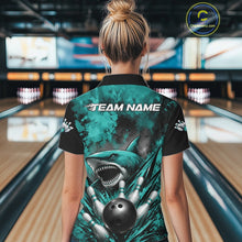 Load image into Gallery viewer, Person wearing a bowling shirt with a shark design in a bowling alley