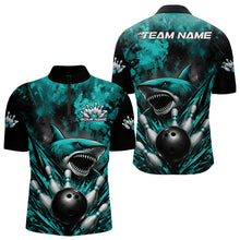 Load image into Gallery viewer, Teal and black bowling shirt with shark design and 'Team Name' text on a white background
