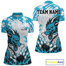 Load image into Gallery viewer, Bowling jersey with blue dragon design on a white background, featuring customizable text areas.