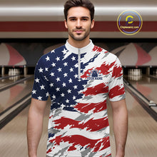 Load image into Gallery viewer, Man wearing a patriotic-themed polo shirt with an American flag design in a bowling alley.