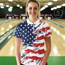 Load image into Gallery viewer, Person wearing a custom American flag shirt with a logo and text in a bowling alley.