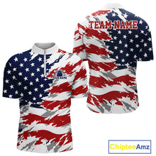 Load image into Gallery viewer, American flag patterned polo shirt with 'Team Name' text on a white background