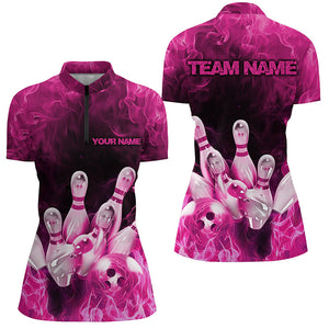 Custom Fire Strike Bowling Shirts For Women, Pink Flame Bowling League Shirts Bowling Team IPHW7120