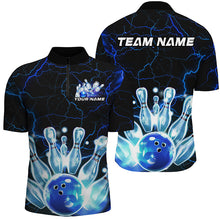 Load image into Gallery viewer, Black And Blue Thunder Lightning Custom Bowling Polo Shirts For Men, Bowling League Shirts IPHW7121