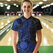 Load image into Gallery viewer, Custom Black And Blue Maori Style Koru Spiral Tribal Women Bowling Quarter-Zip Shirt IPHW10957