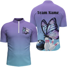 Load image into Gallery viewer, Purple and blue sports shirt with butterfly design and customizable text on a white background