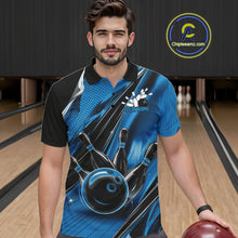 Load image into Gallery viewer, Custom Black And Blue Bowling Jerseys For Men, Bowling Team Polo Shirts With Name IPHW10966