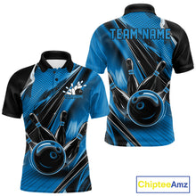 Load image into Gallery viewer, Custom Black And Blue Bowling Jerseys For Men, Bowling Team Polo Shirts With Name IPHW10966