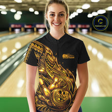 Load image into Gallery viewer, Custom Black And Gold Tribal Flame Bowling Women Shirts, Polynesian Bowler Outfit IPHW10973