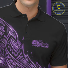 Load image into Gallery viewer, Custom Black And Purple Tribal Flame Bowling Men Polo Shirts, Polynesian Bowler Outfit IPHW10974