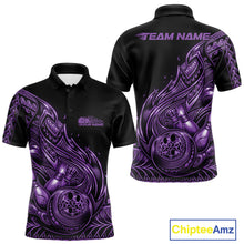 Load image into Gallery viewer, Custom Black And Purple Tribal Flame Bowling Men Polo Shirts, Polynesian Bowler Outfit IPHW10974