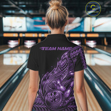 Load image into Gallery viewer, Custom Black And Purple Tribal Flame Bowling Women Shirts, Polynesian Bowler Outfit IPHW10974